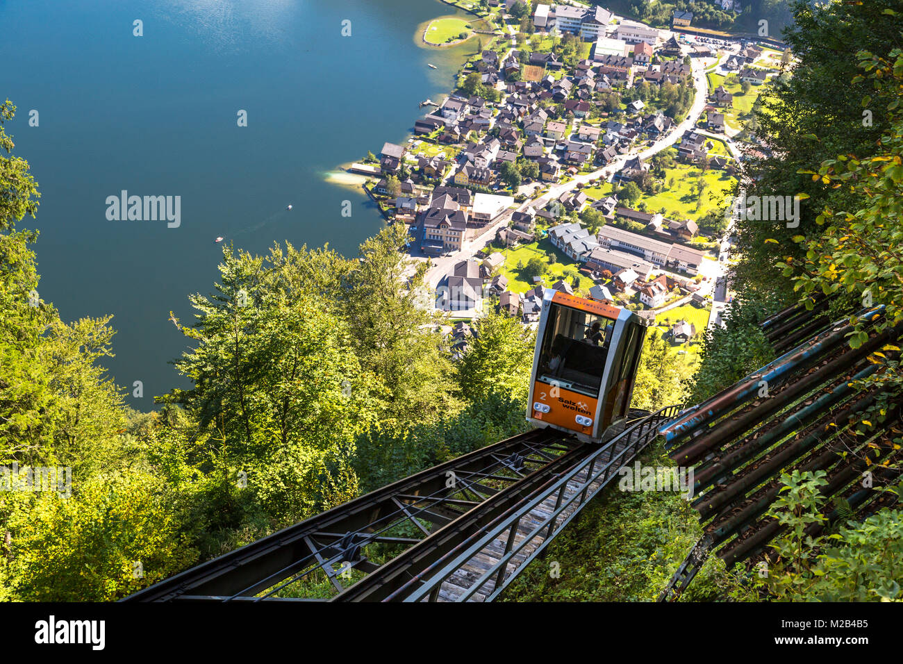 HALLSTATT, AUSTRIA - SEPTEMBER 14, 2016 : Cable railway between Hallstatt and Salzberg peak in Austria Salzkammergut mountains. Stock Photo