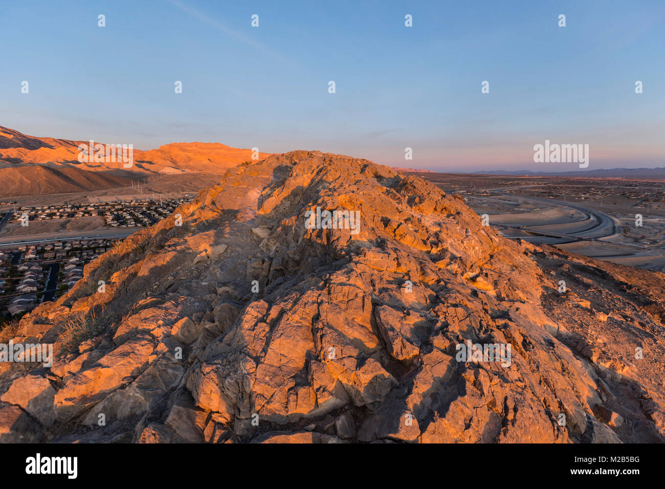 Sunrise light on Lone Mountain peak in northwest Las Vegas Nevada Stock