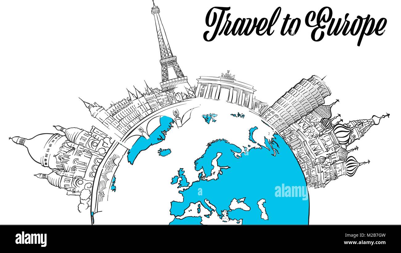 Sketched Landmarks Europe and Globe. Hand drawn outline illustration for print design and travel marketing Stock Vector