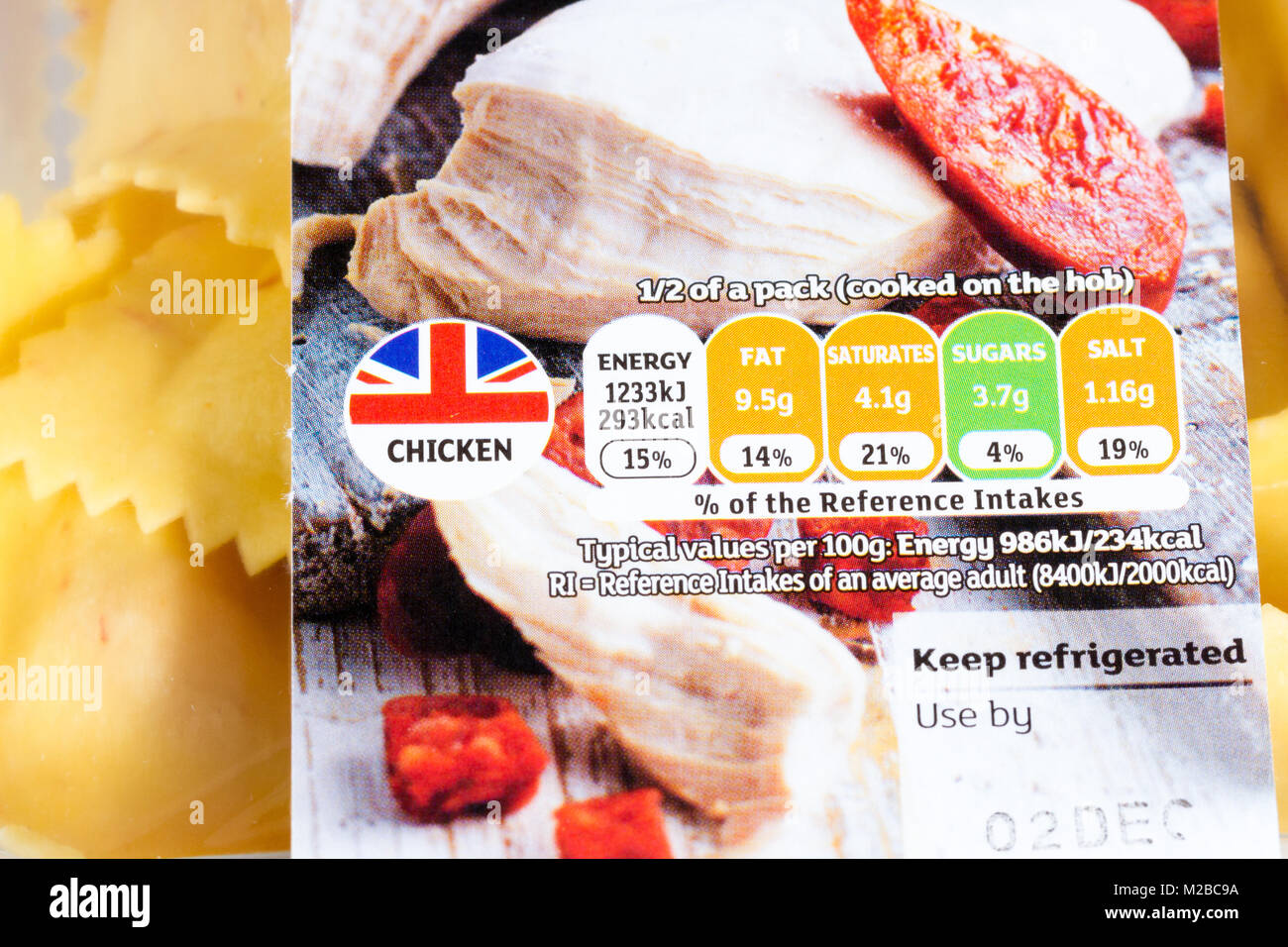 Chicken pasta food label close up showing traffic light rating system & use by date, United Kingdom Stock Photo