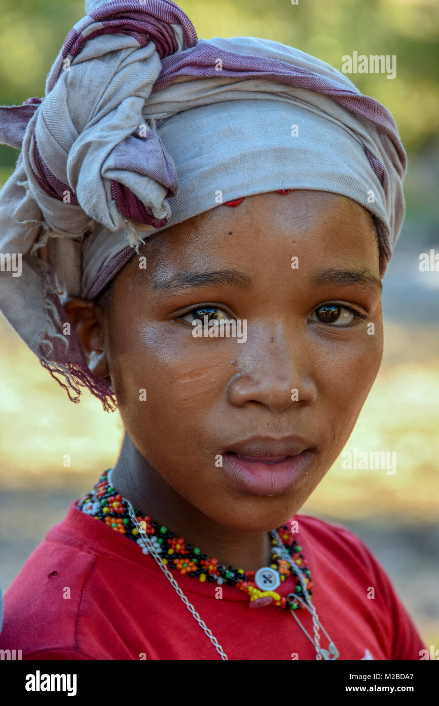 Young girl of the San Bush people of the Kalahari Desert Stock Photo