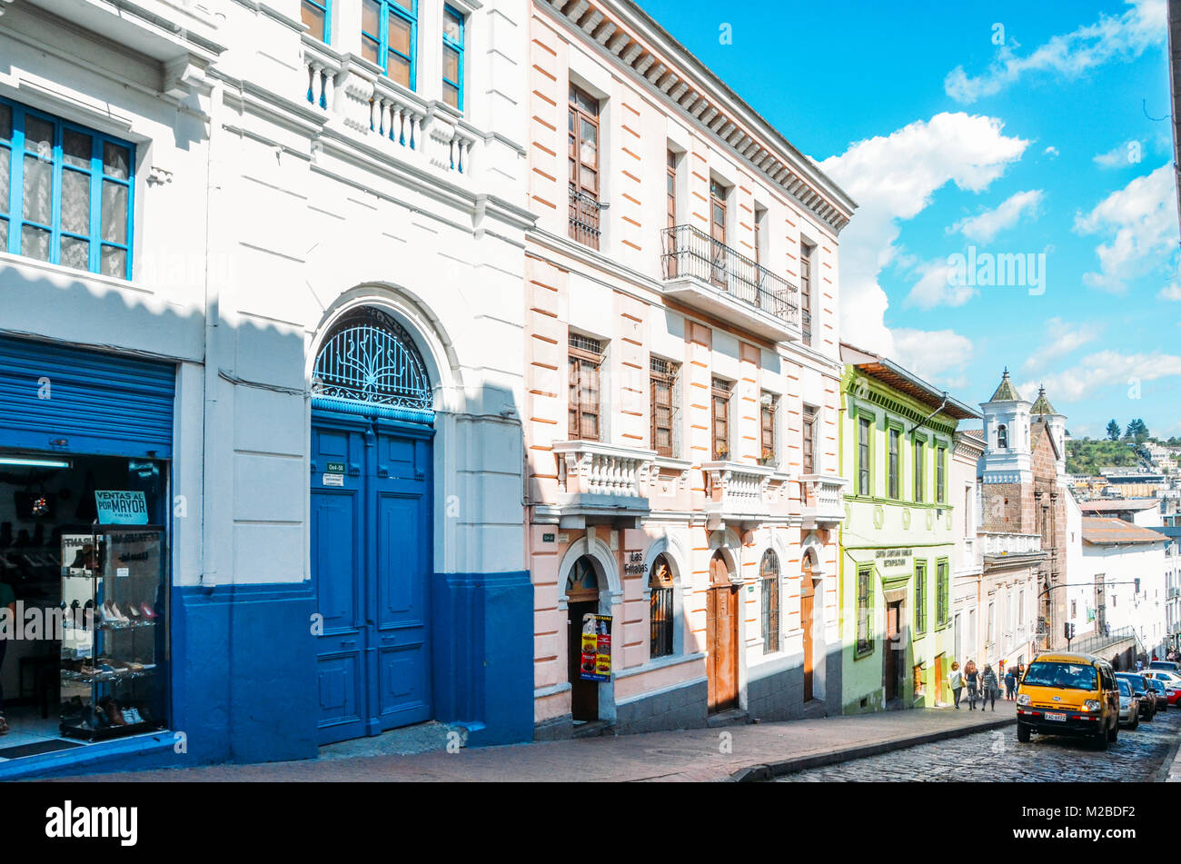 Quito, Ecuador, December 17, 2017: Colonial style architecture in the historic centre of Quito, Ecuador Stock Photo