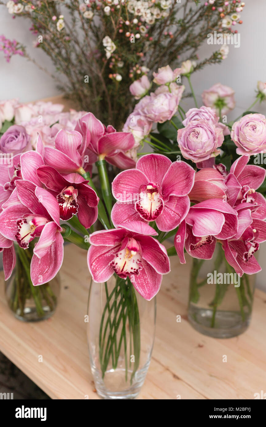 Flower shop concept. Different varieties fresh spring flowers in