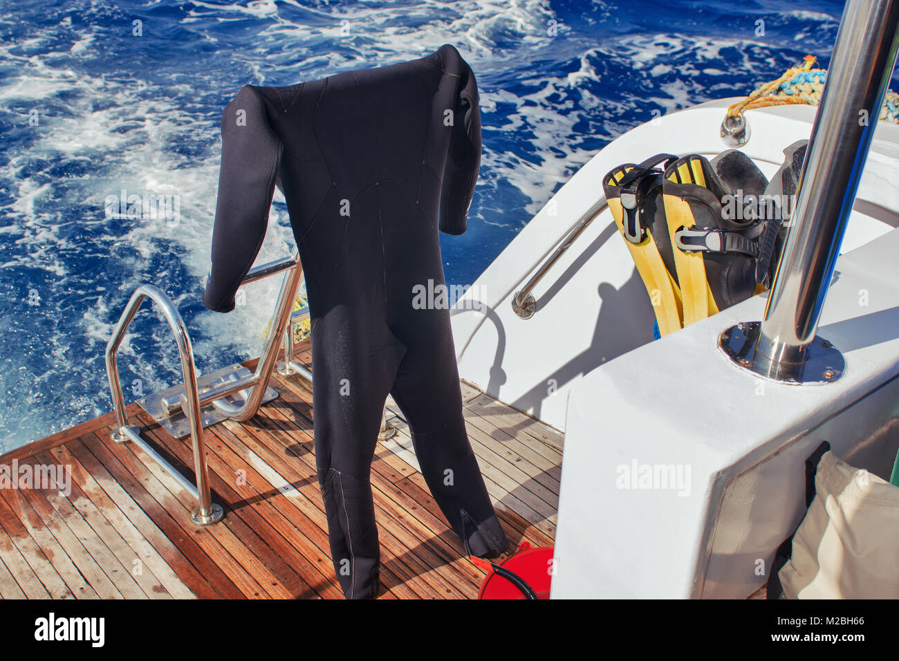 Equipment for scuba diving on boat of ship Stock Photo Alamy