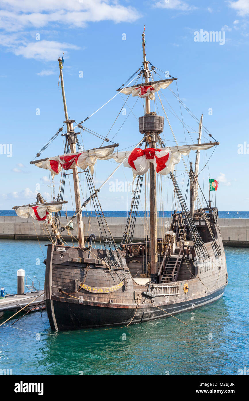madeira portugal madeira moored Replica Pirate ship for coastal sea trips from Funchal to cabo girao for dolphin watching and whale watching trips eu Stock Photo