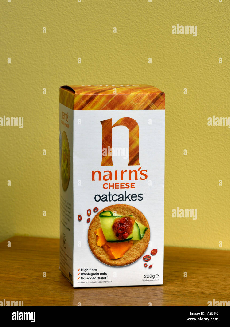 Packet of Nairn's Cheese Oatcakes. High fibre, wholegrain oats, no added sugar. 200g. Stock Photo