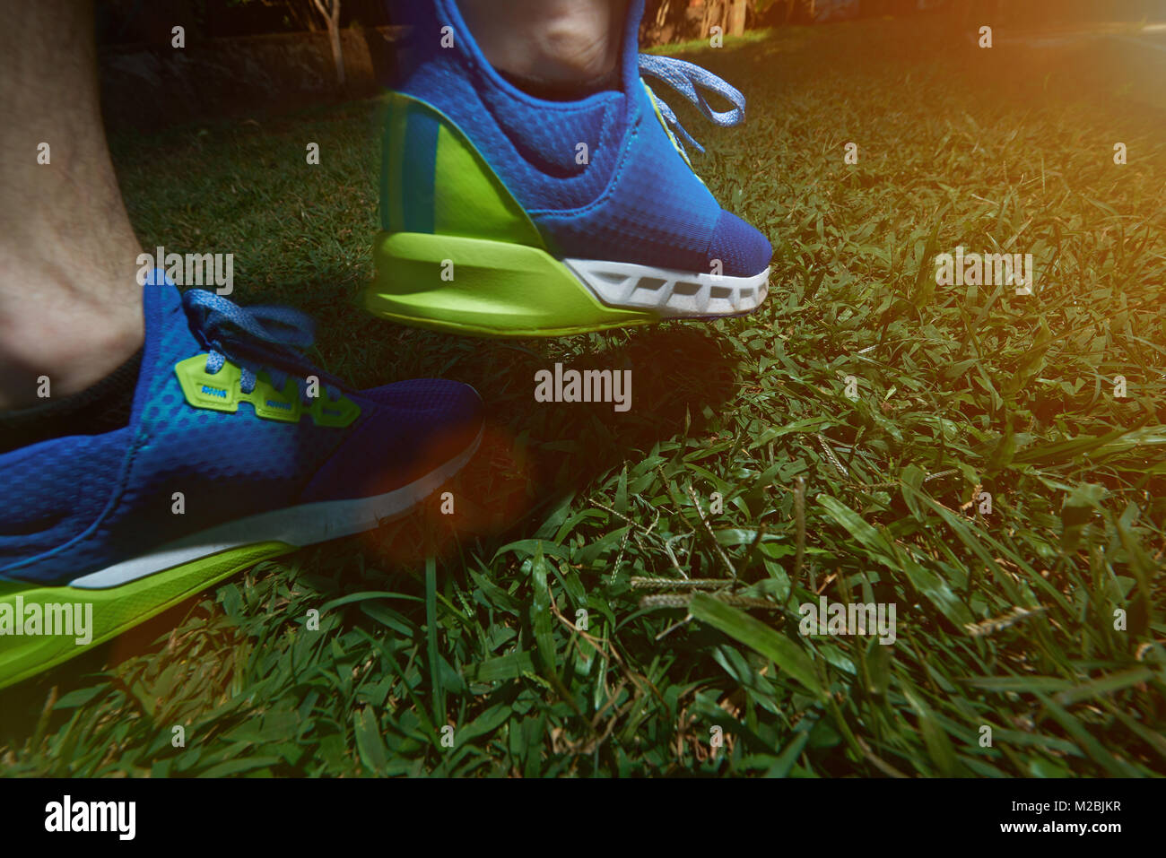 Colorful running shoes on green grass background. Modern running shoes
