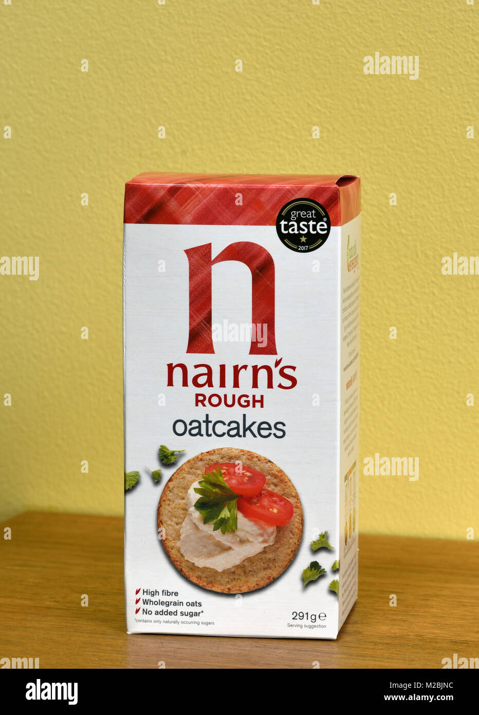 Packet of Nairn's Rough Oatcakes. High fibre, wholegrain oats, no added sugar. 291g. Stock Photo