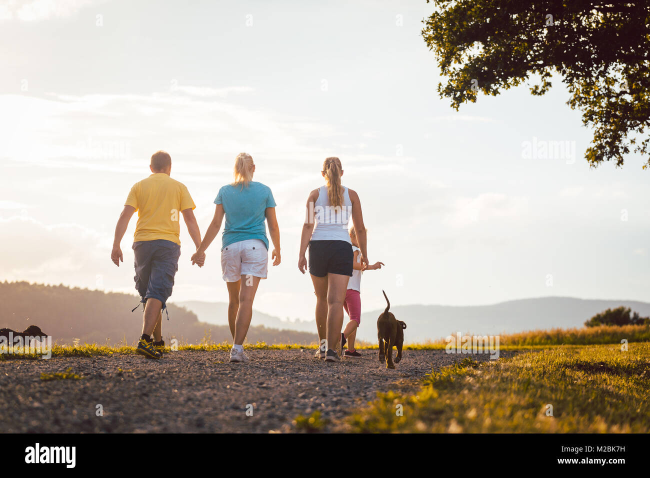Family and dog walking home in a rural setting Stock Photo Alamy