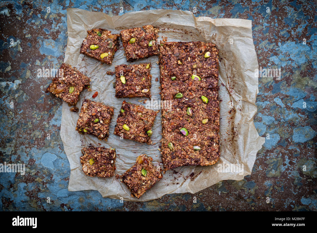 Homemade seed, nut, dried fruit and dark chocolate Oat Energy bars on