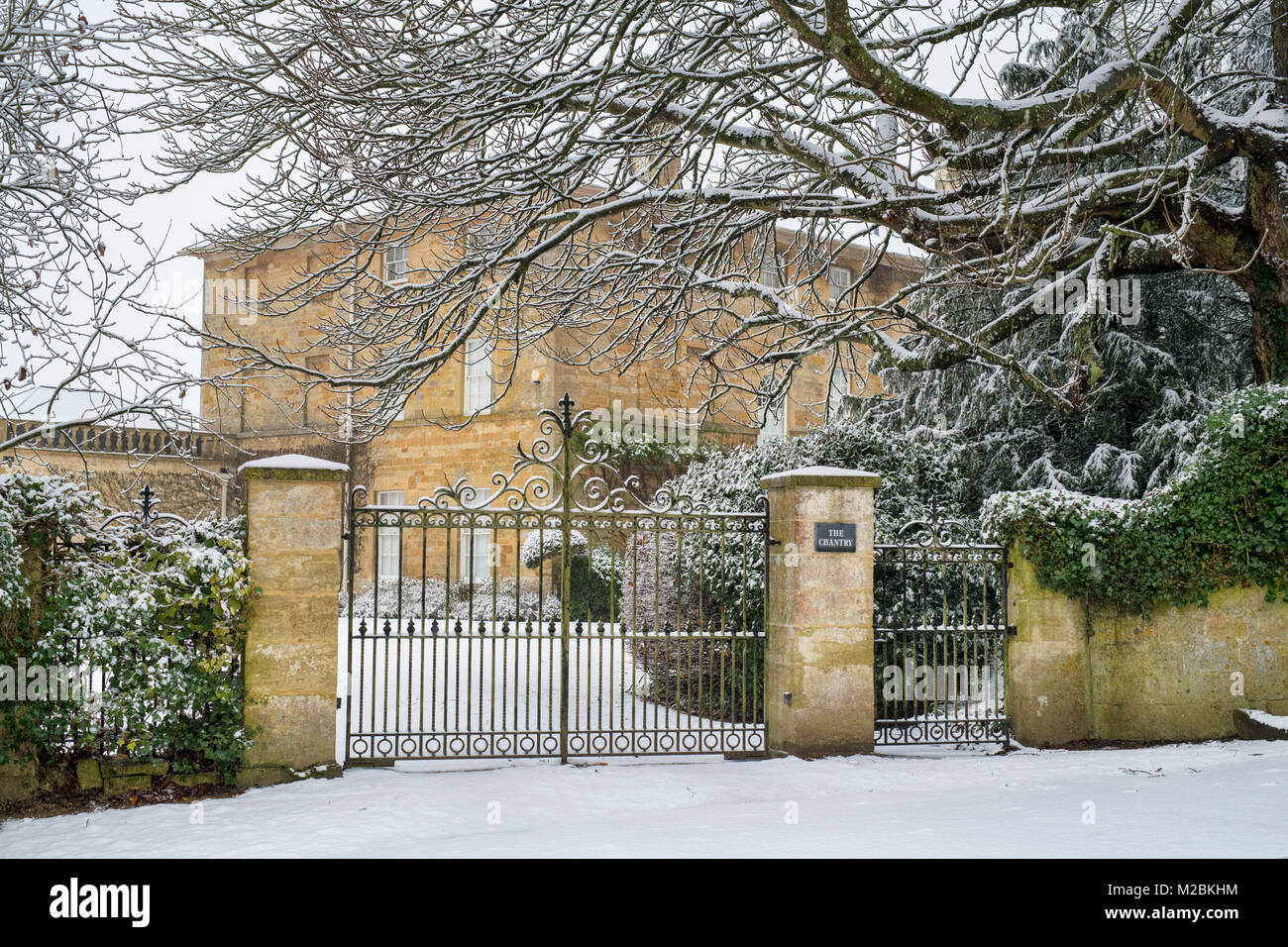 The chantry house in the snow in January. Bourton on the Hill, Cotswolds, Gloucestershire, England. Stock Photo