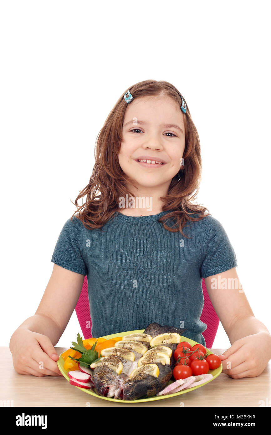 happy little girl with trout fish Stock Photo Alamy