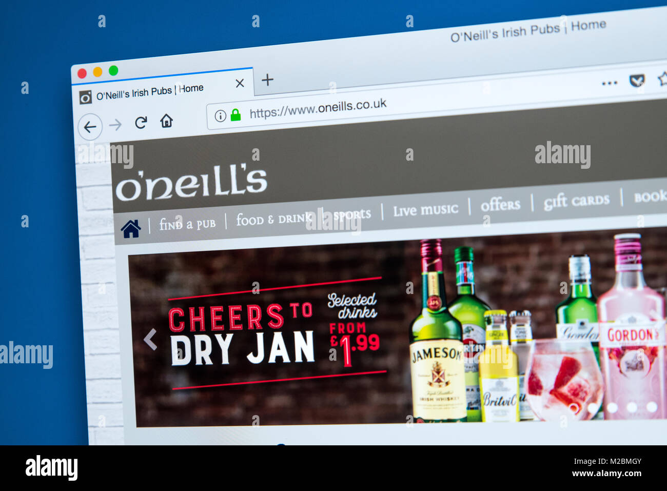 LONDON, UK - JANUARY 10TH 2018: The homepage of the official website for the ONeills pub chain which is owned by Mitchells and Butlers plc, on 10th Ja Stock Photo