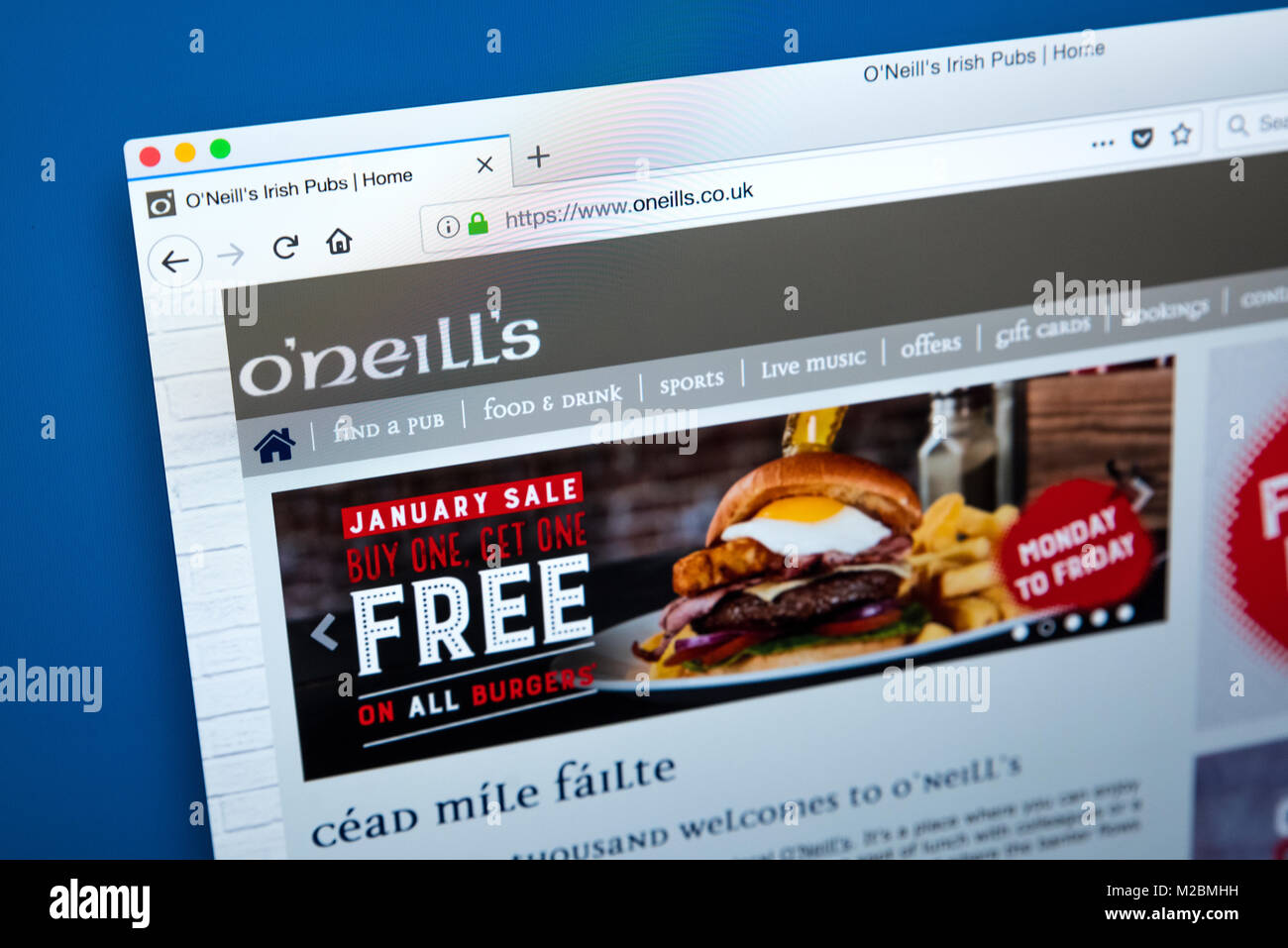 LONDON, UK - JANUARY 10TH 2018: The homepage of the official website for the ONeills pub chain which is owned by Mitchells and Butlers plc, on 10th Ja Stock Photo