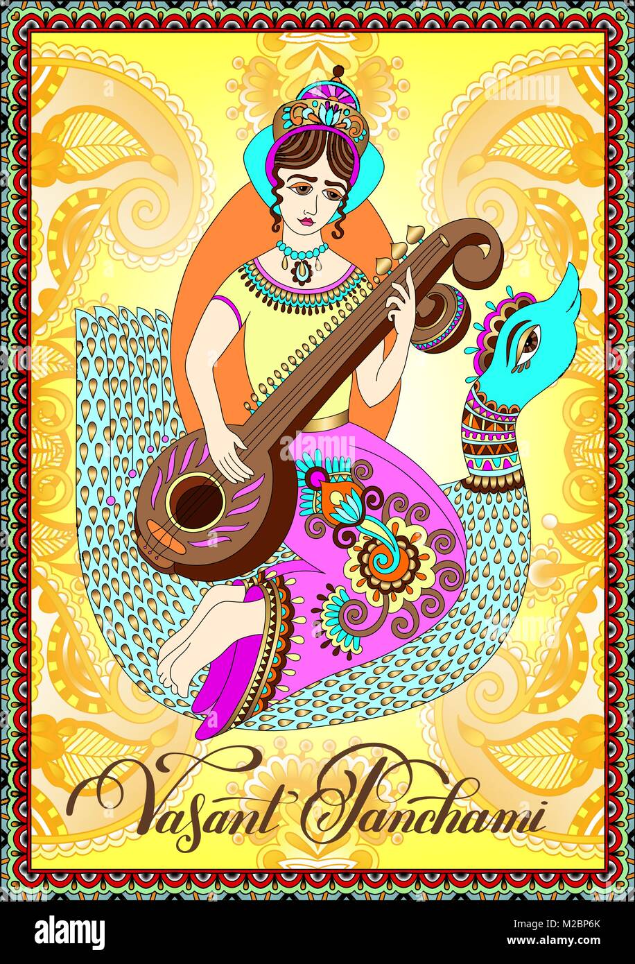 Vasant Panchami - golden greeting card to indian holiday Stock Vector