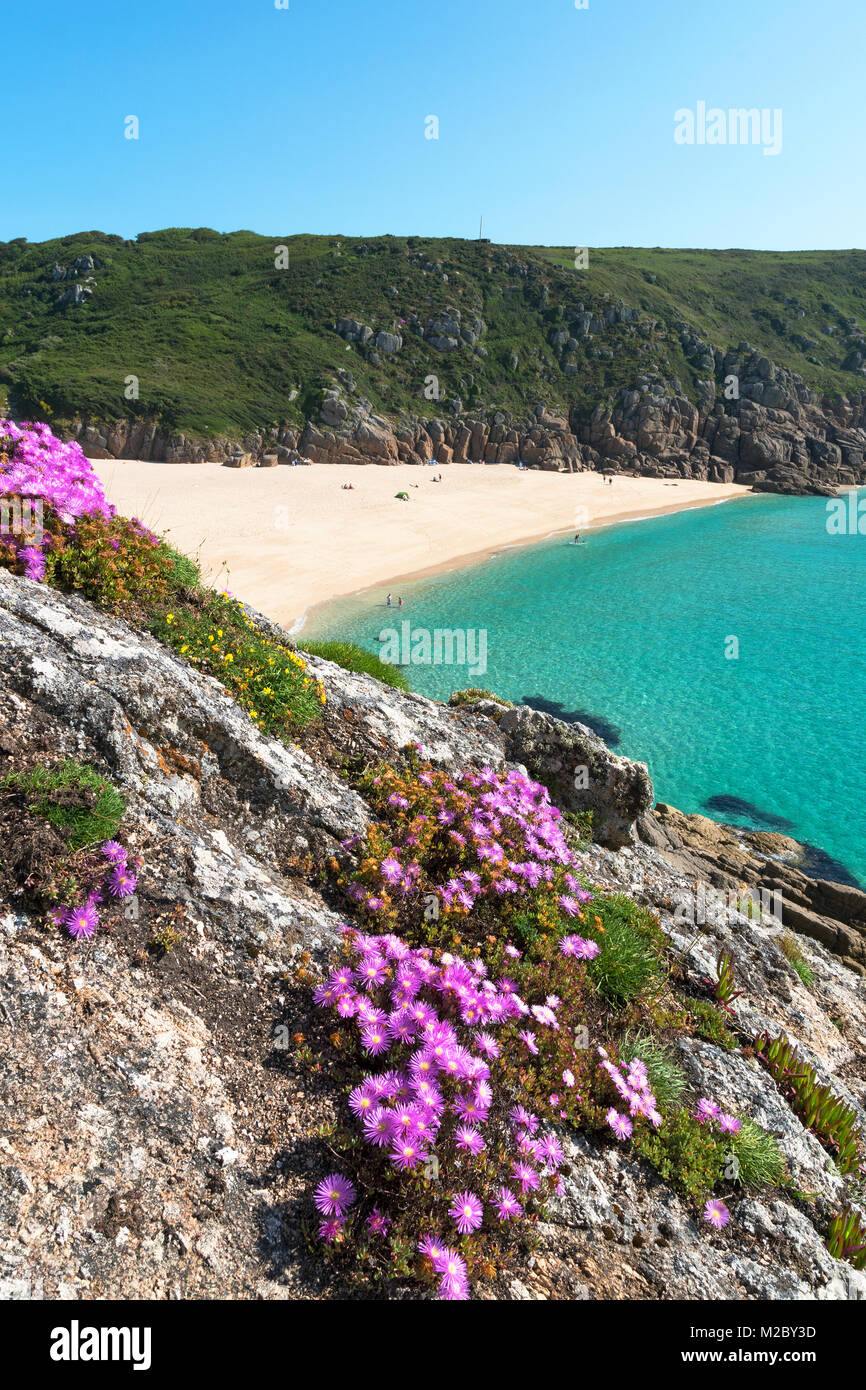 the secluded cove at porthcurno in cornwall, england, uk. Stock Photo