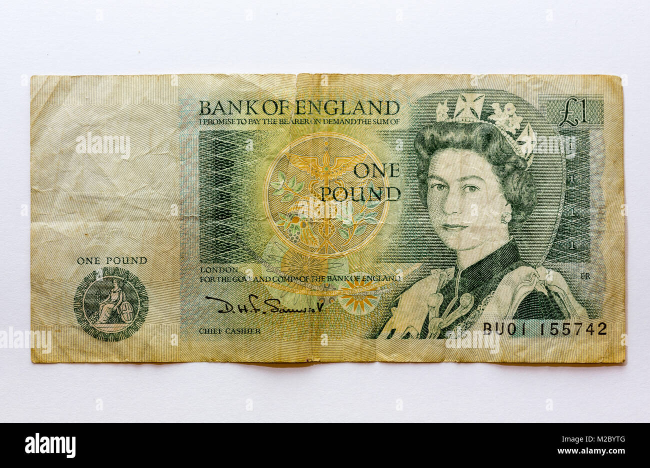 English one pound note printed 1978 to 84 and ceased to be legal tender in 1988. Stock Photo