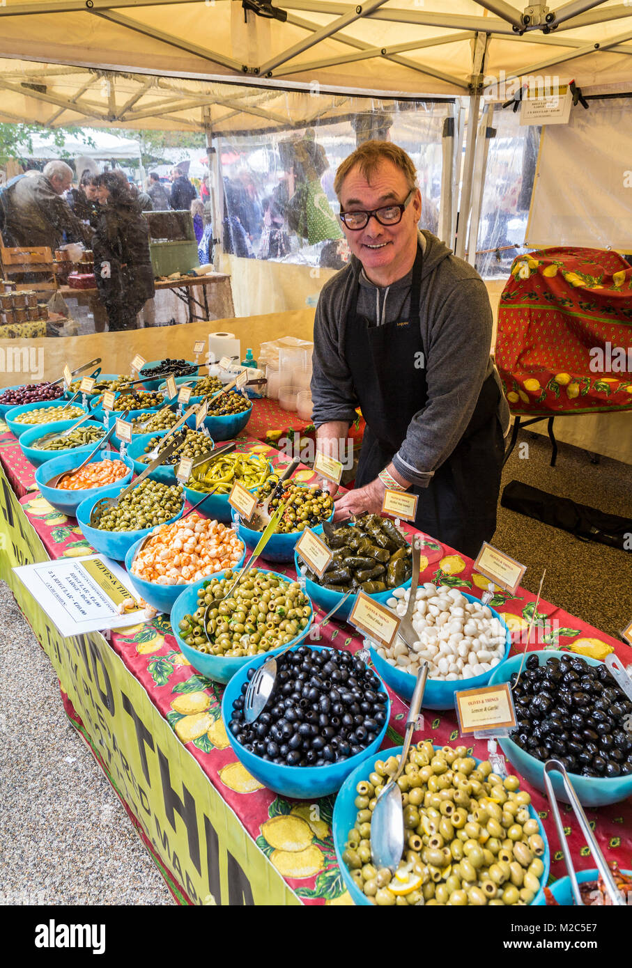 Olives on sale at Abergavenny Food Festival, Wales, UK Stock Photo