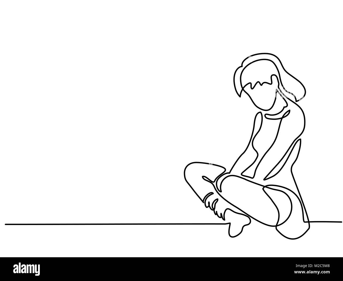 Continuous line drawing. Sitting sad girl Stock Vector