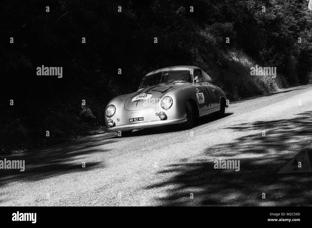 GOLA DEL FURLO, ITALY - MAY 19: PORSCHE 356 1500 SUPER 1952 an old racing car in rally Mille Miglia 2017 the famous italian historical race (1927-1957 Stock Photo