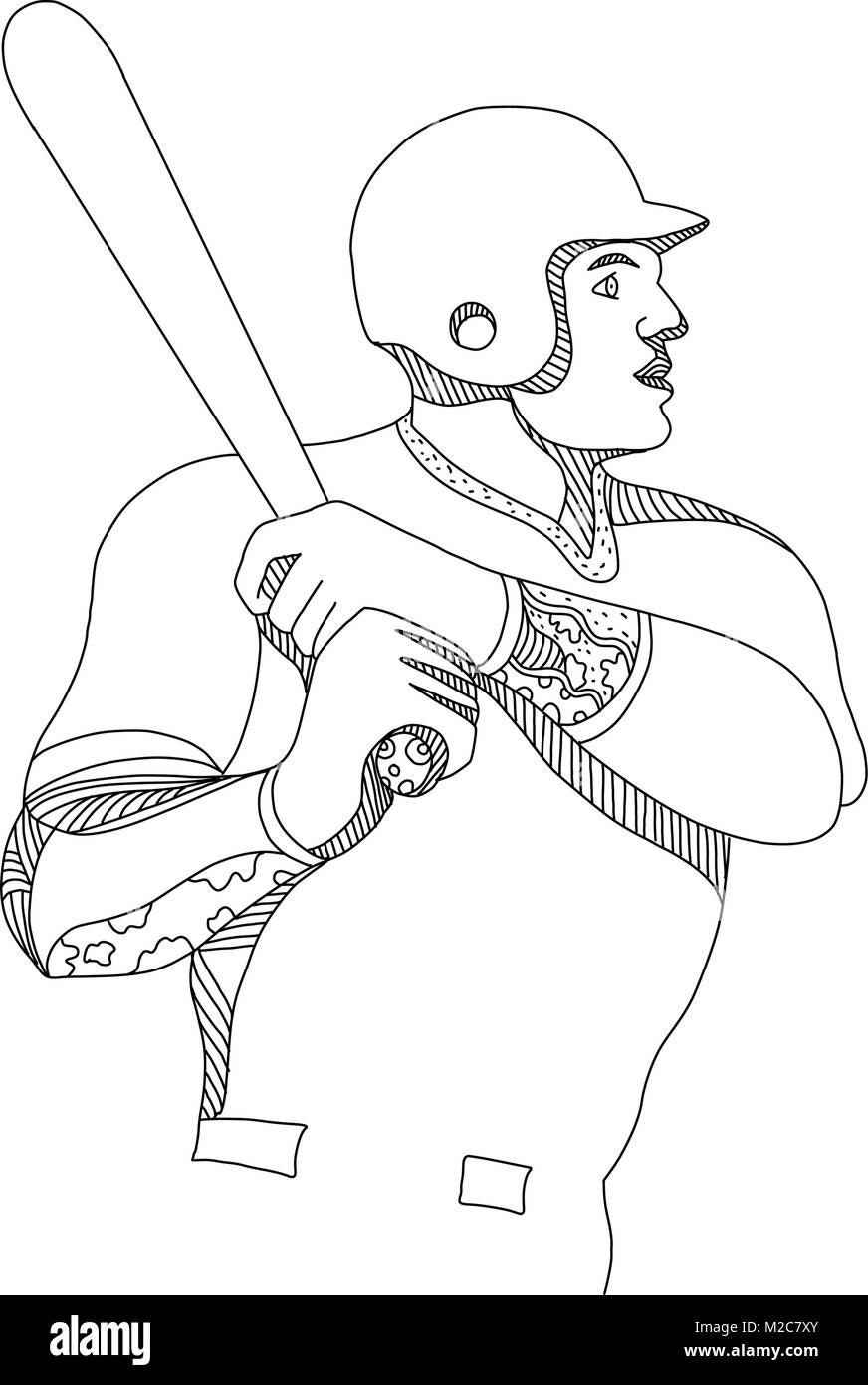 Doodle art illustration of a baseball player batting with bat viewed