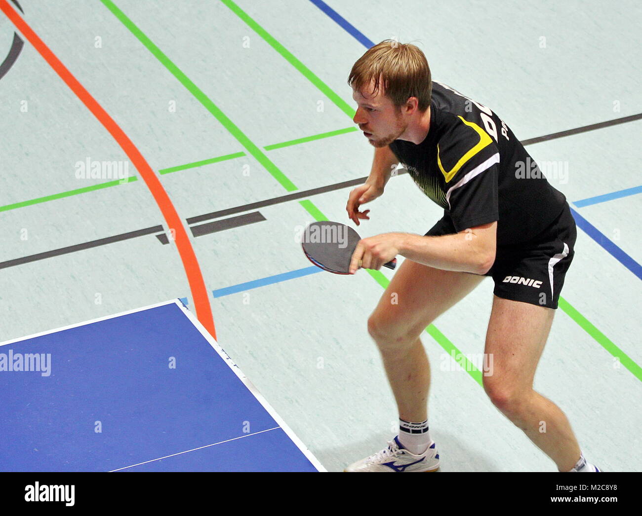 Volle Konzentration: Patrick Baum beim Sommerlehrgang der deutschen Tischtennis-Nationalmannschaft (Herren) in Hinterzarten, Stock Photo