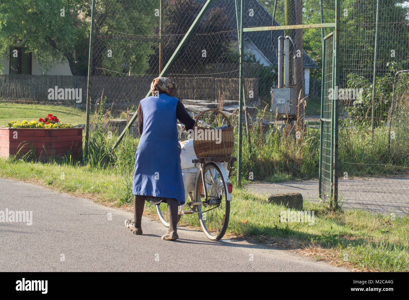 Elderly woman pushing a bicycle laden with shopping through a village in Hungary Stock Photo