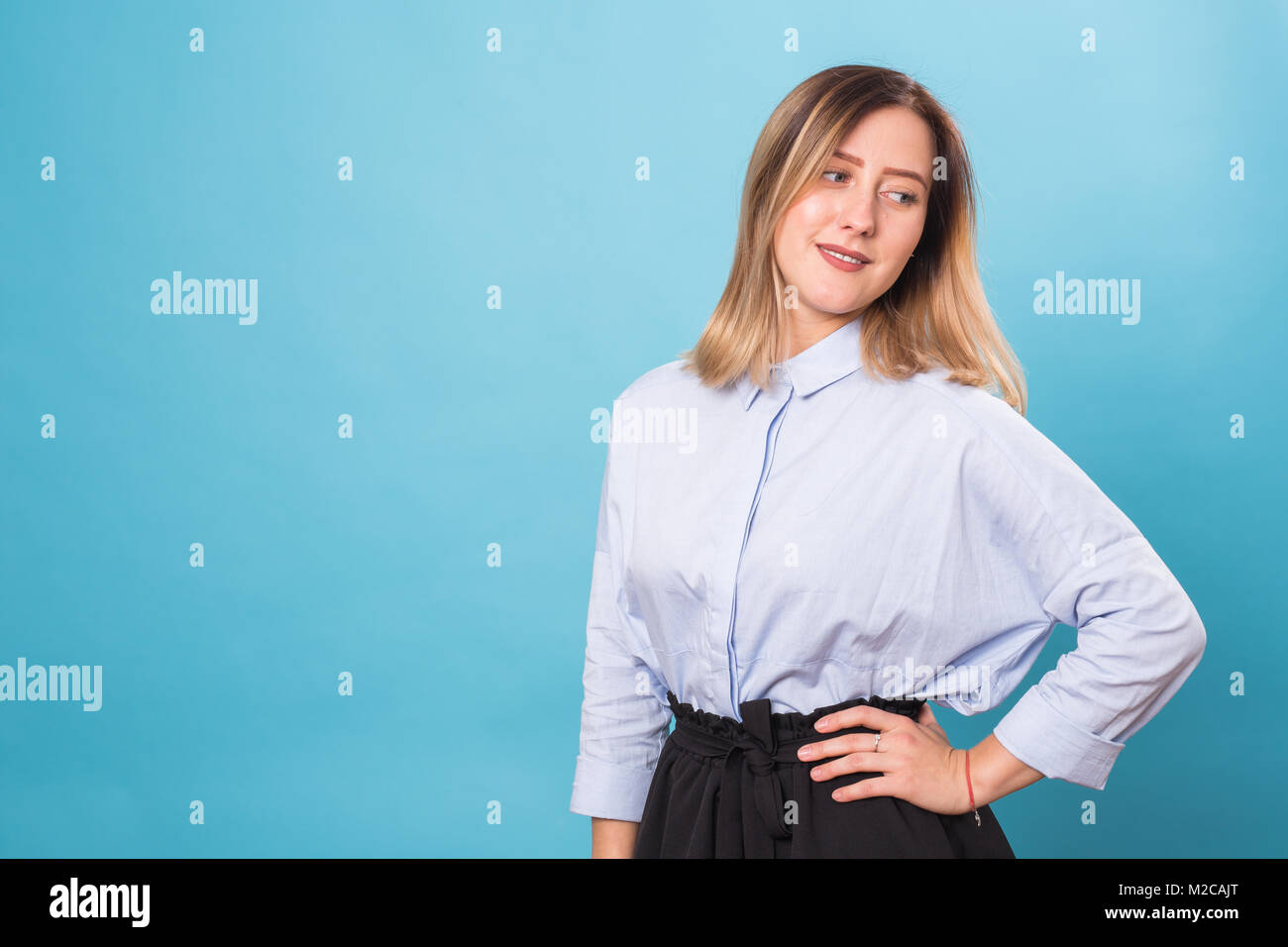 Portrait of young beautiful cute cheerful girl smiling looking at ...