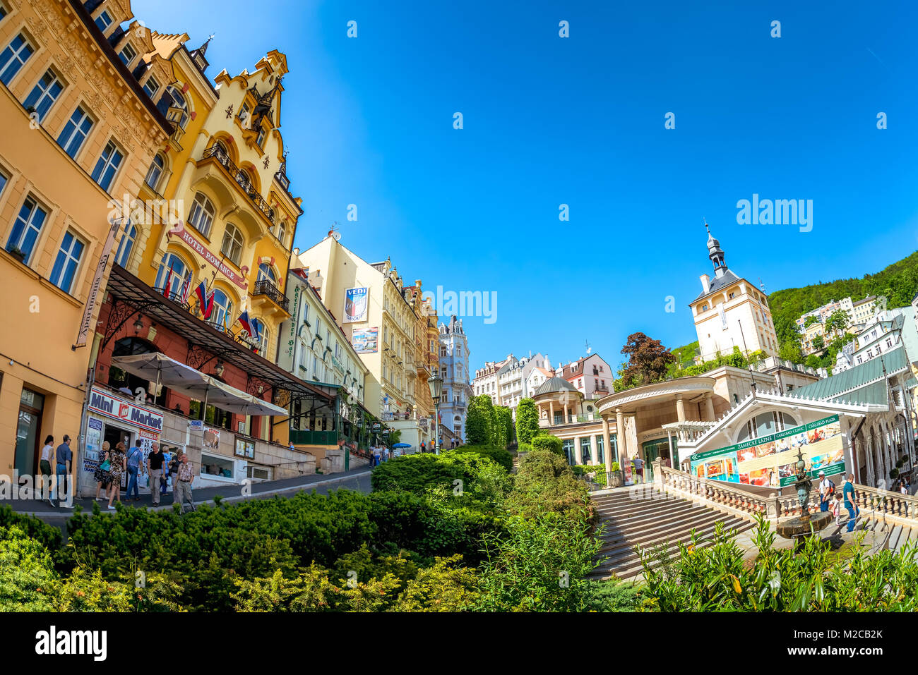 KARLOVY VARY, CZECH REPUBLIC - MAY 26, 2017: City centre of Karlovy Vary with Market Colonnade, Zamecke lazne and hotels. Stock Photo