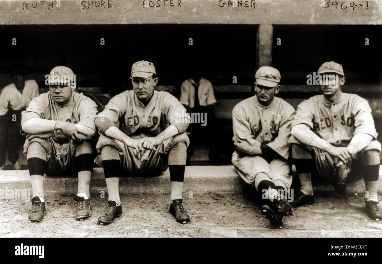 George Herman 'Babe' Ruth (left) and Red Sox teammates (left to right) Shore, Foster and Gainer. Photograph from the George Grantham Bain Collection Stock Photo