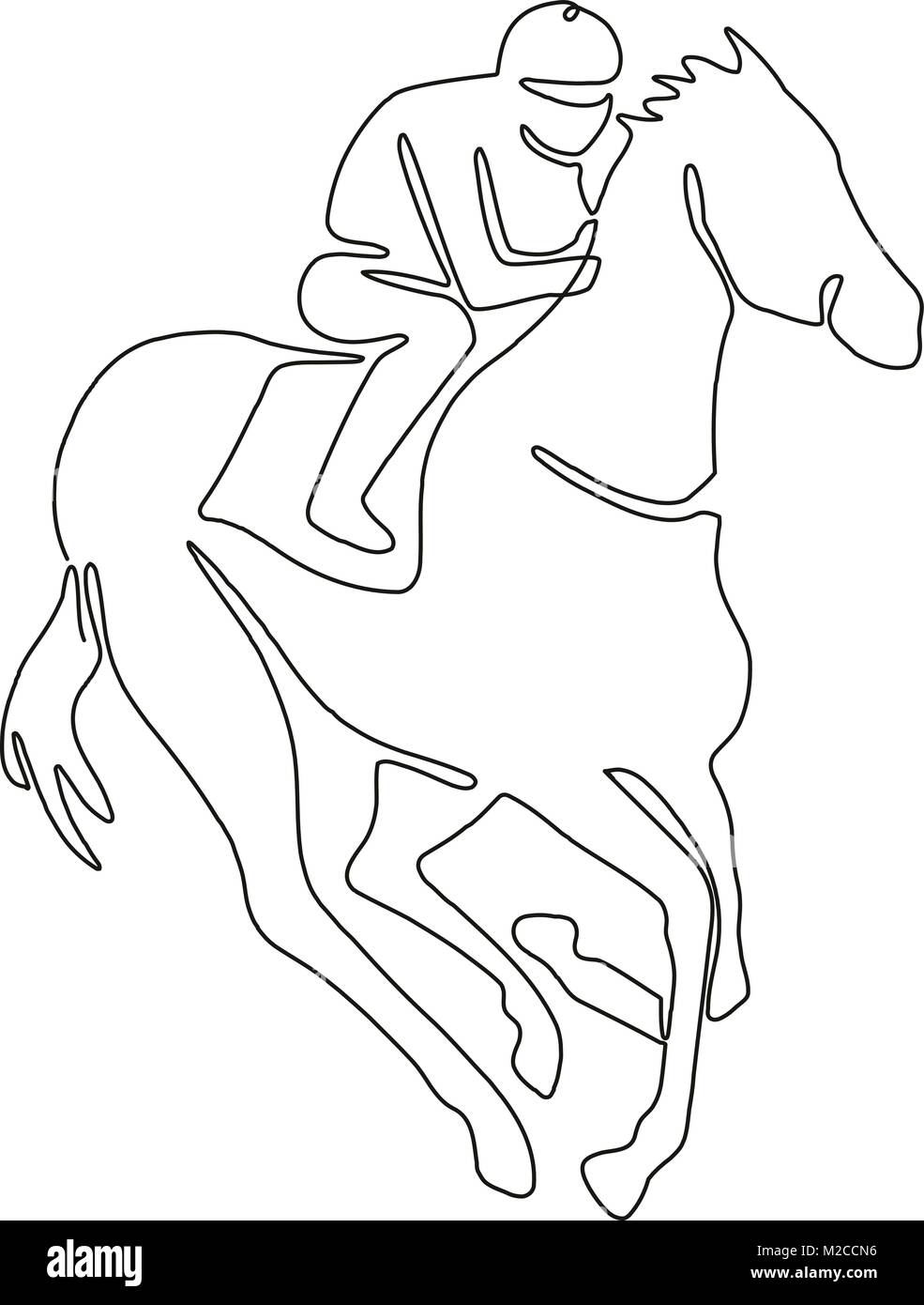 Continuous line drawing illustration of a jockey riding on horse racing done in sketch or doodle style. Stock Vector