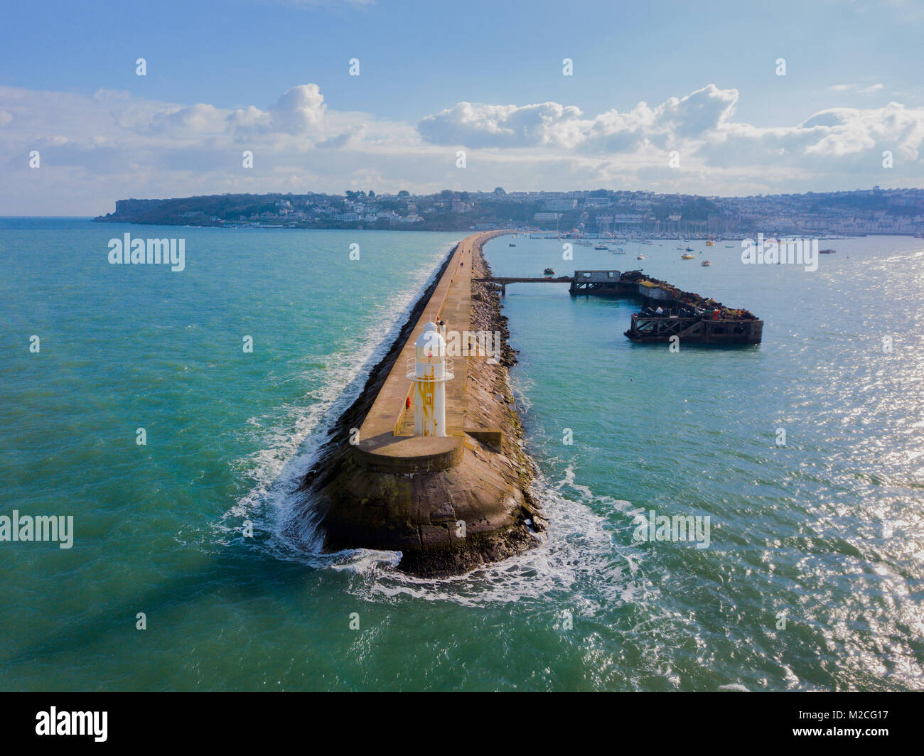 An aerial view of the Brixham breakwater in Devon, United Kingdom Stock Photo