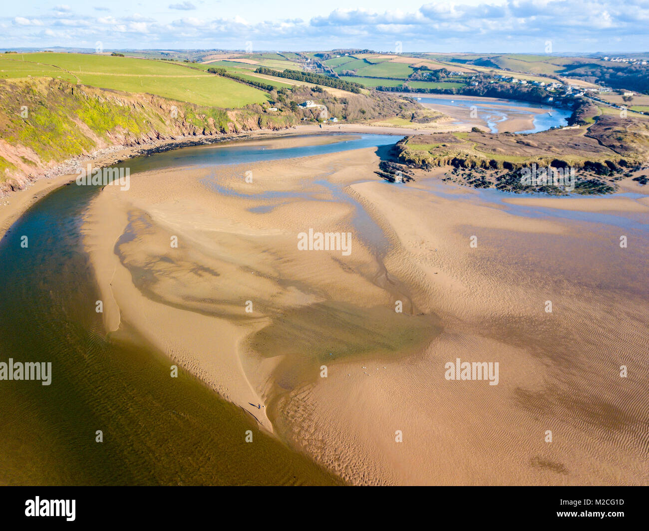 An aerial landscape of the River Avon at Bantham in Devon, United Kingdom Stock Photo