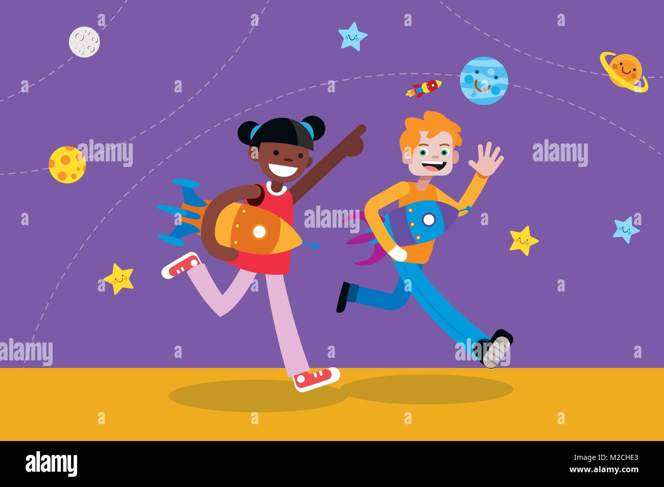 Cute Boy and Girl Walking with Rockets intheir hands. Children vector ilustration in a flat, minimal style. Stock Vector