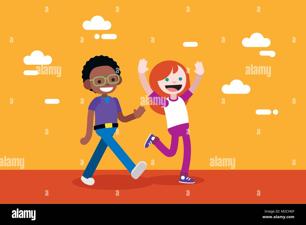 Cute Boy and Girl Walking and Greeting. Children vector illustration in flat, minimal, style. Stock Vector