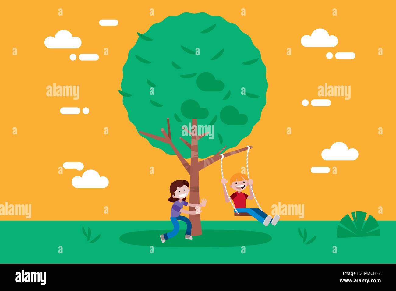 Children (boy and girl) swinging on a Swing Tree. Vector illustration in a flat minimal style. Stock Vector