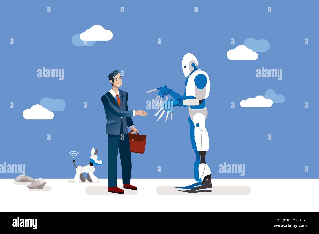 vector illustration about artificial intelligence and his risks.  A businessman offers his hand to a big and dangerous android robot. Stock Vector
