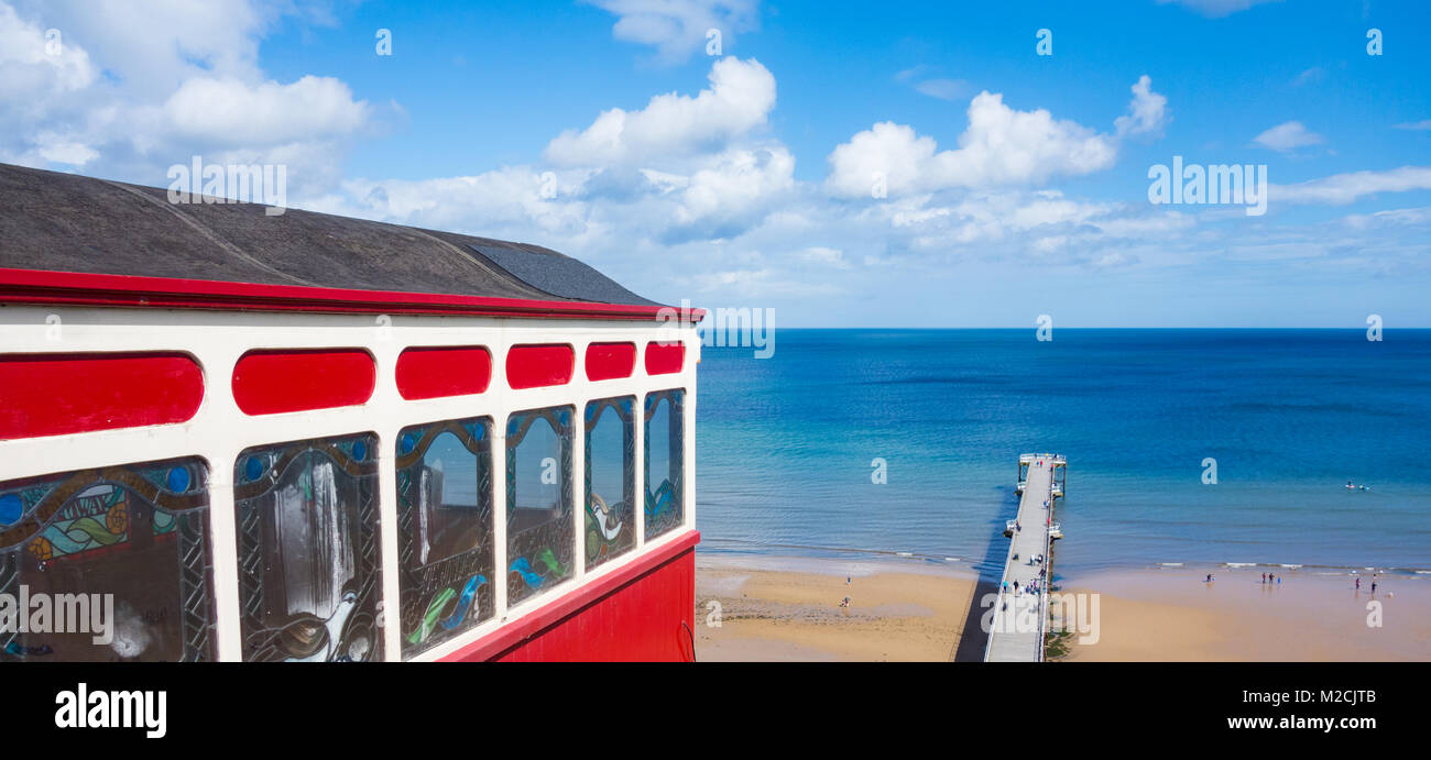 View over Saltburn beach and pier from cliff tramway on top promenade. Saltburn by the sea, North Yorkshire, England. UK Stock Photo