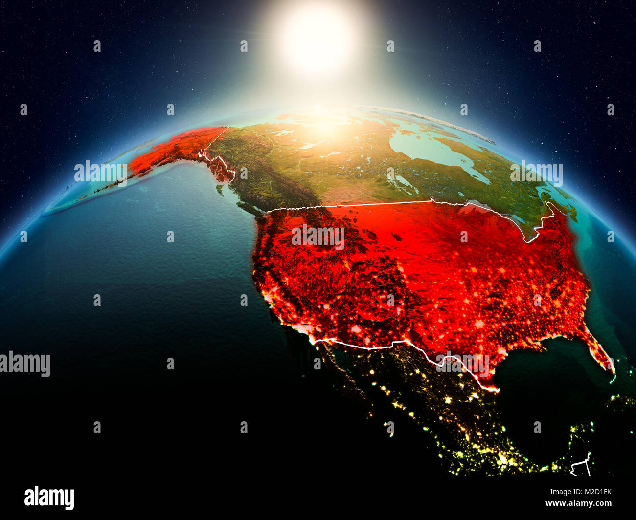 Sunrise above USA highlighted in red on model of planet Earth in space ...
