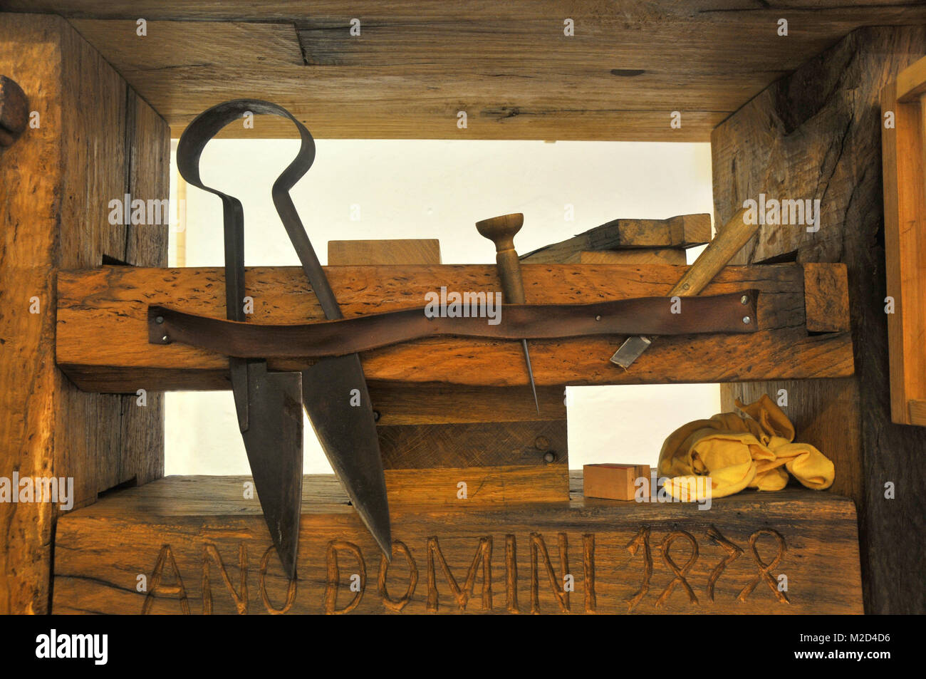 A closeup of some of the tools used on the Gutenberg printing press. Stock Photo