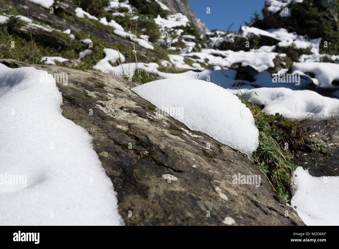 Closeup of rocks and snow melting in the Swiss Alps Stock Photo Alamy