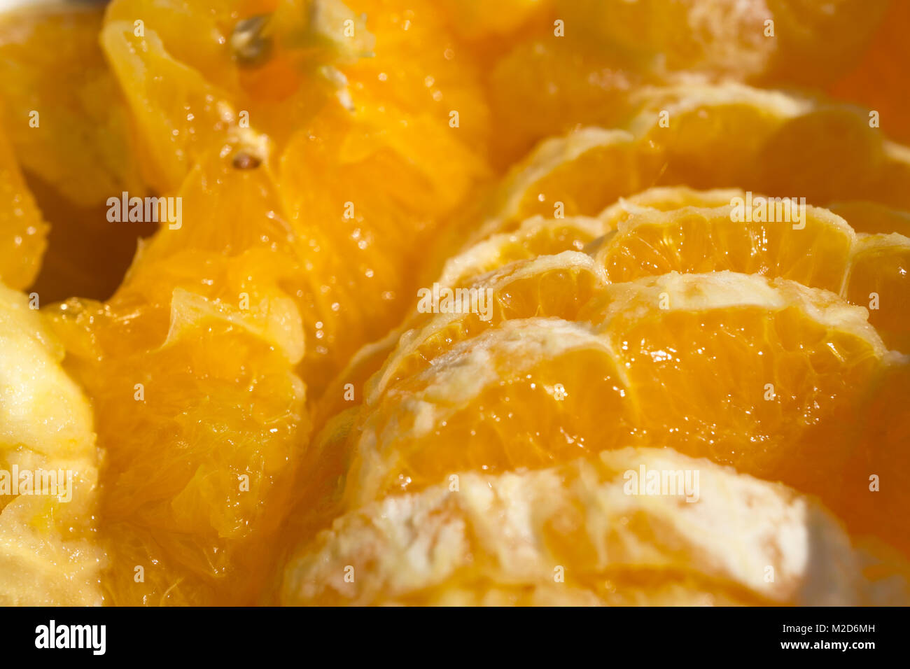 Closeup of sliced oranges in a glass bowl in the sun. Stock Photo