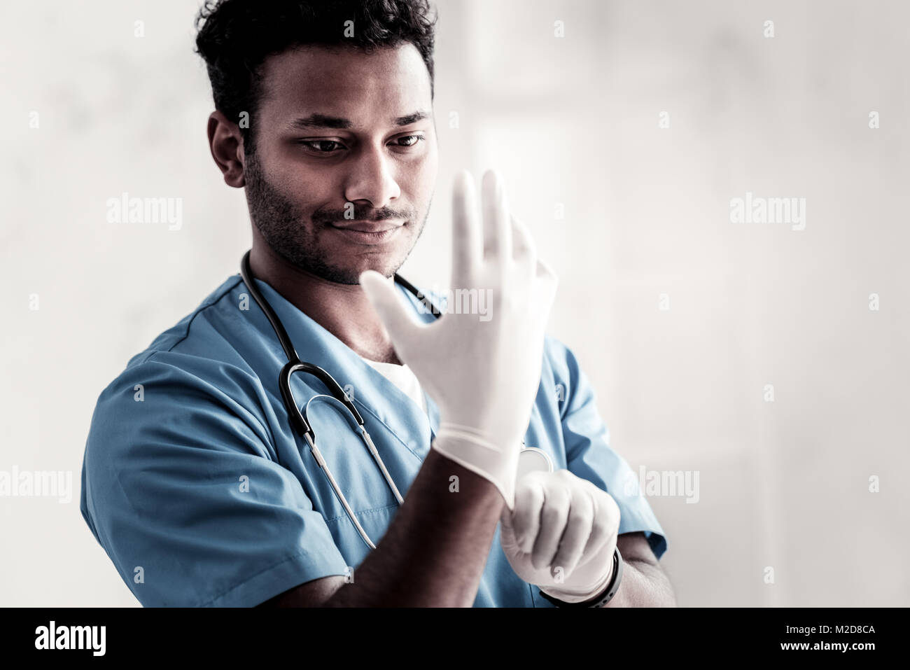Cheerful doctor preparing for work and putting on gloves Stock Photo