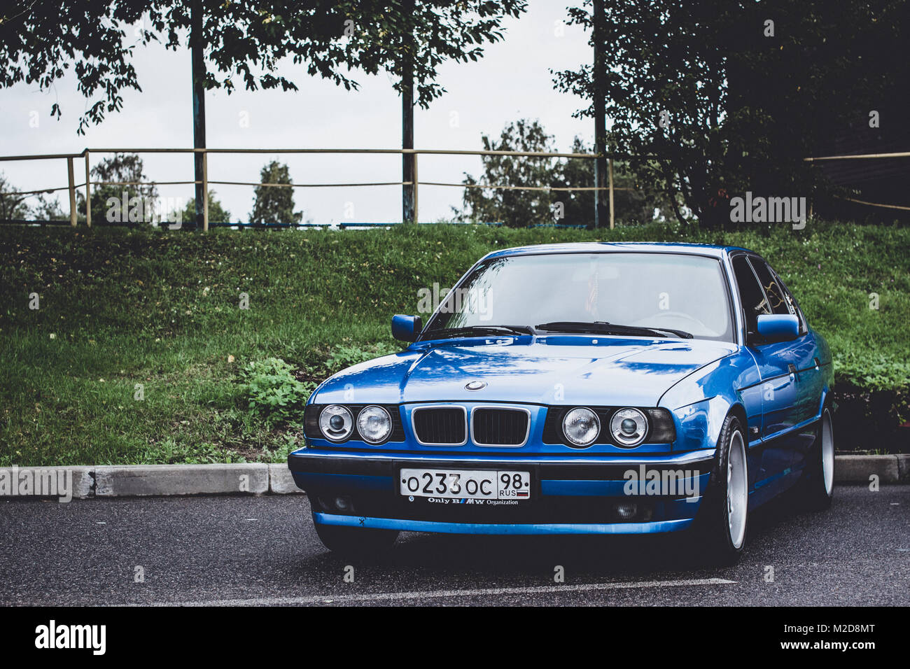 Saint-Petersburg, Russia - September 16, 2017: Blue retro car BMW 5-series 525, old model and release year. Road speed car of German Bavarian manufact Stock Photo