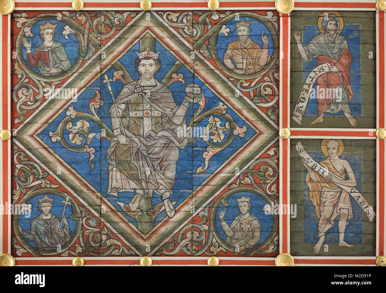 King Hezekiah of Judah. Detail of the Tree of Jesse depicted in the wooden ceiling from ca. 1230 in Saint Michael's Church (Michaeliskirche) in Hildesheim in Lower Saxony, Germany. Stock Photo