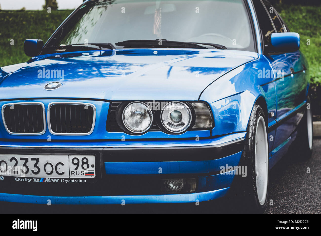 Saint-Petersburg, Russia - September 16, 2017: Blue retro car BMW 5-series 525, old model and release year. Road speed car of German Bavarian manufact Stock Photo