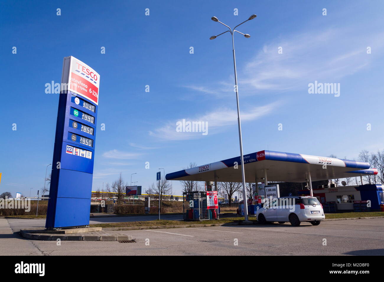 TABOR, CZECH REPUBLIC FEBRUARY 6 2018 Tesco company logo with gas station in front of