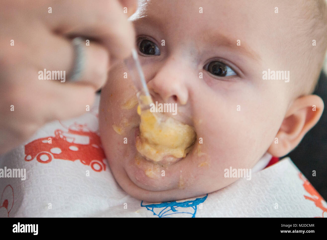 baby six months while eating pasta Stock Photo Alamy