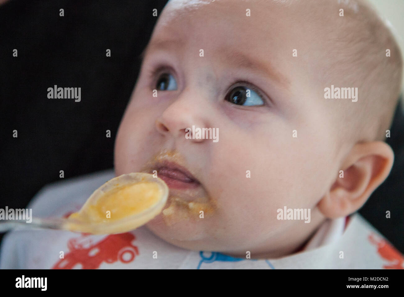 baby six months while eating pasta Stock Photo Alamy