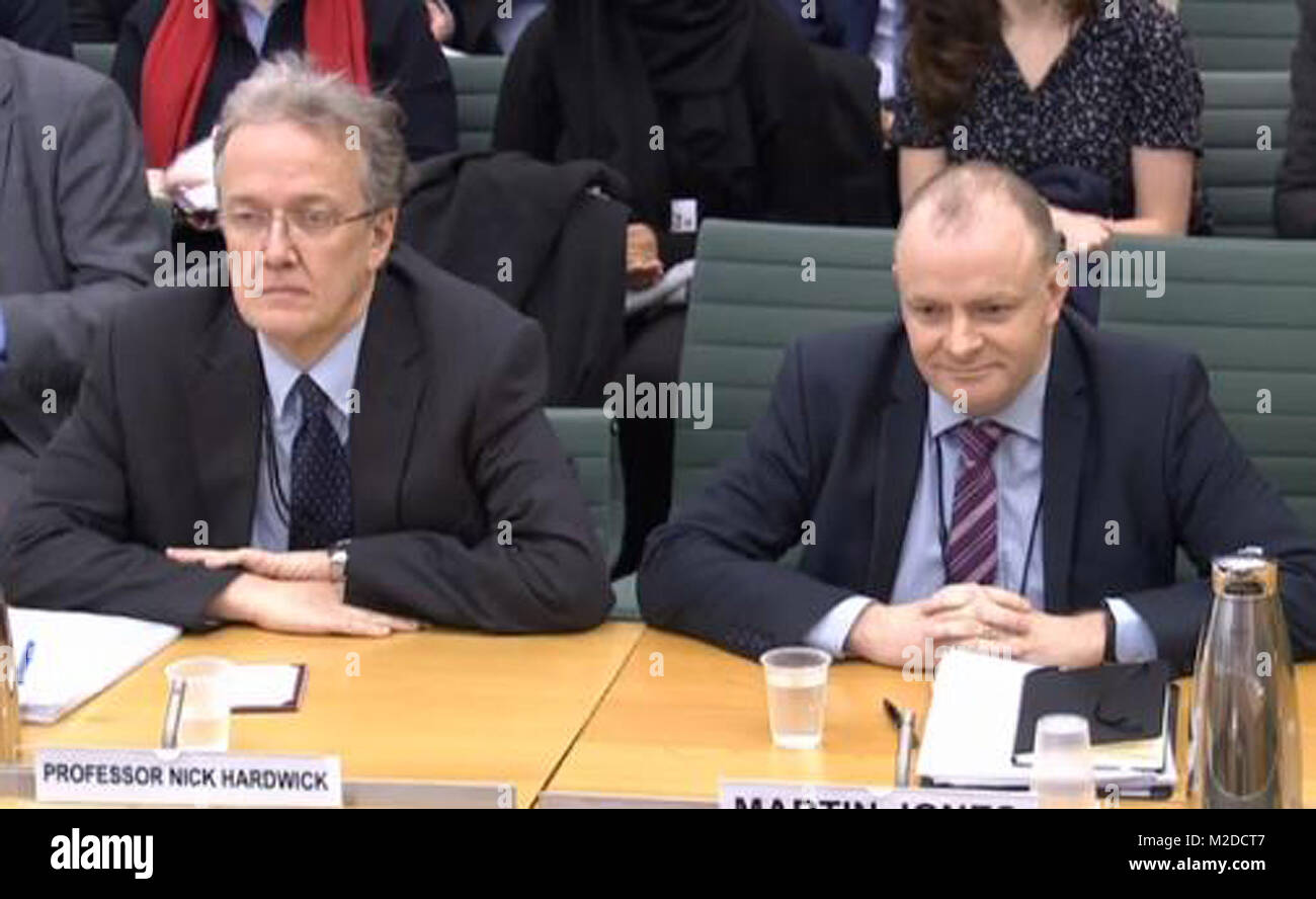 Witnesses Professor Nick Hardwick, Chair, (left)and Martin Jones, Chief Executive Officer, Parole Board for England and Wales, give evidence at the Justice Select Committee at the House of Commons in London on the subject of the Parole Board. Stock Photo